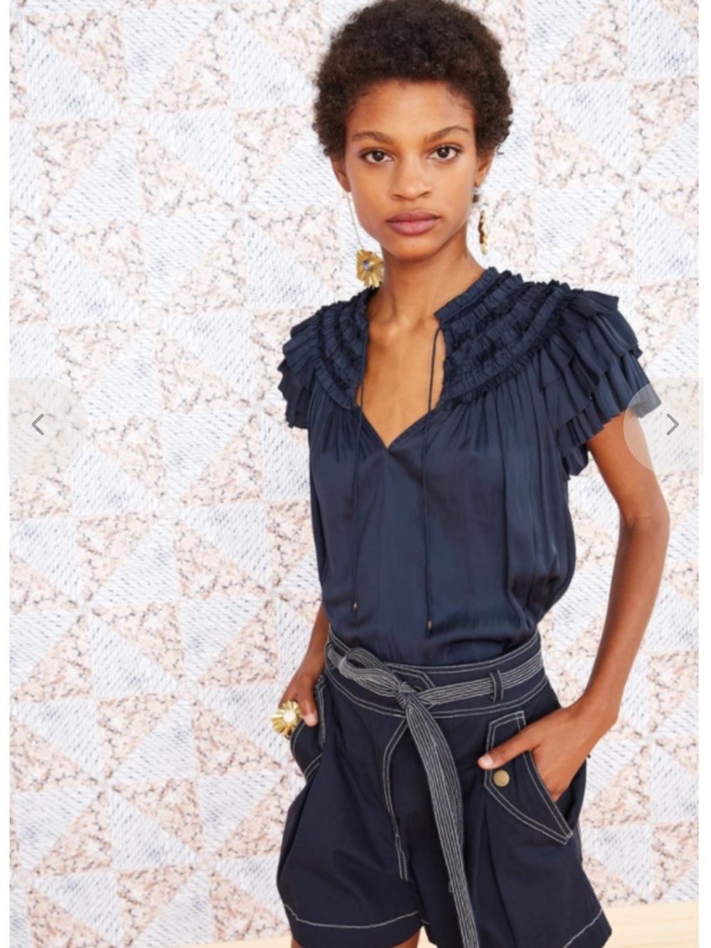 Ulla Johnson World Eva Navy Ruffled Shoulder Silk Blouse in Midnight